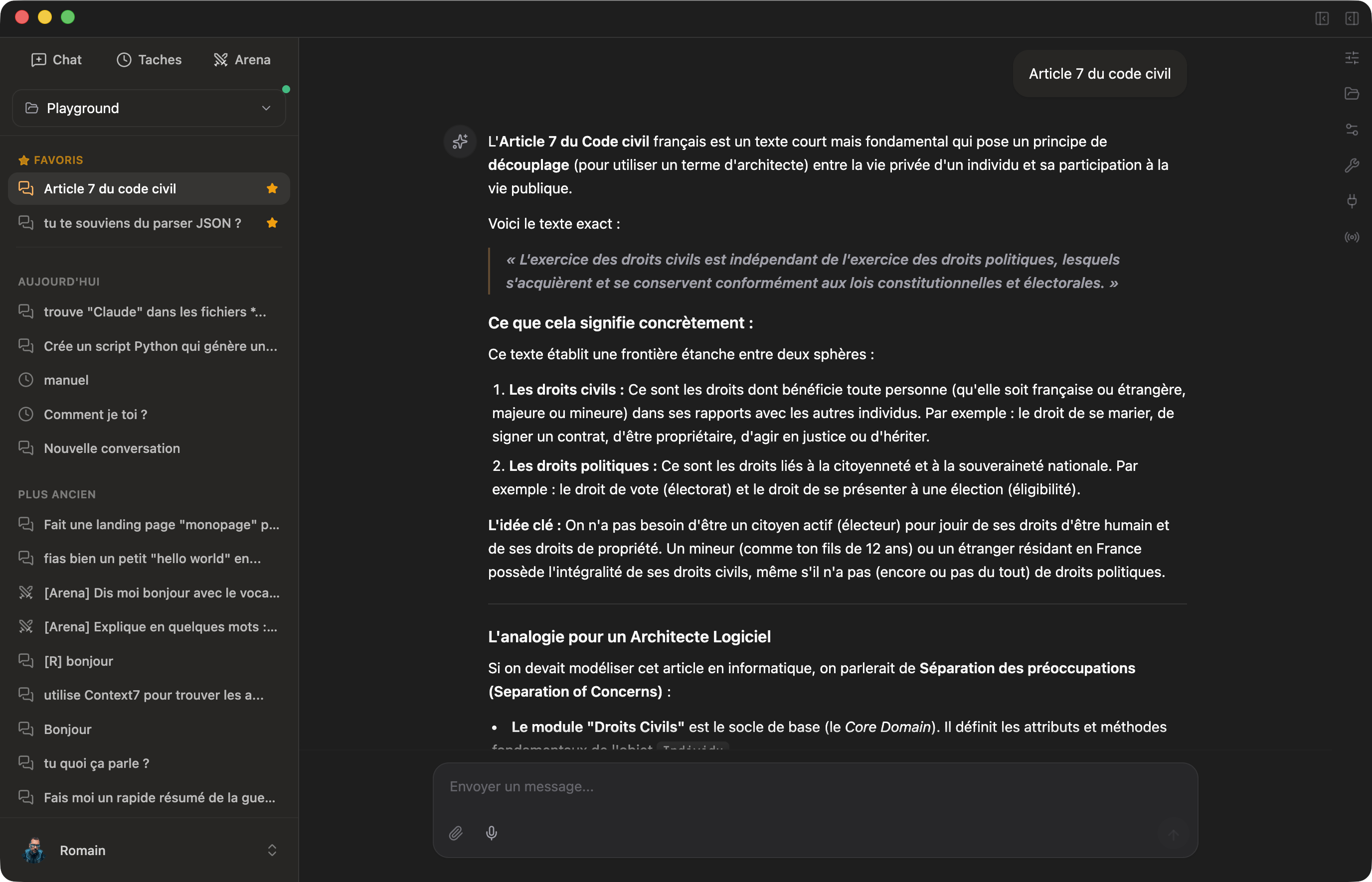 Conversation avec rendu Markdown riche dans Cruchot